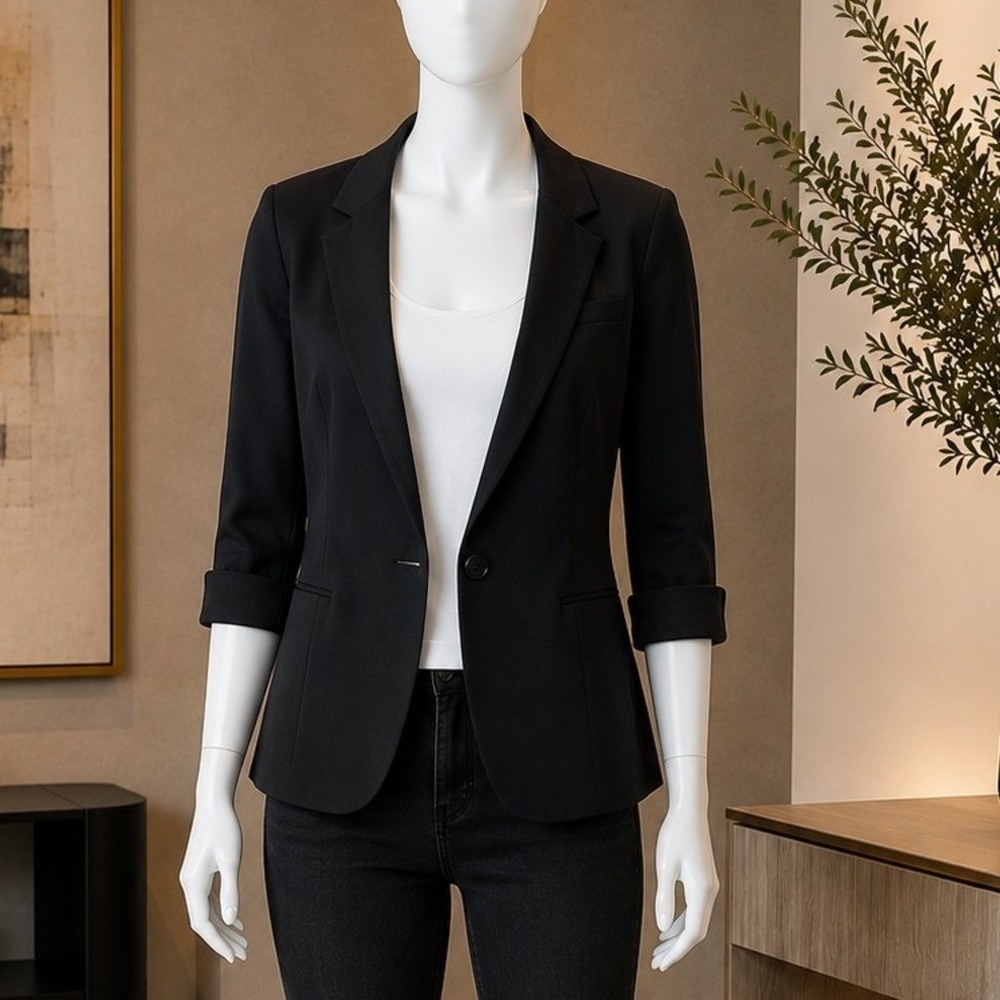 LUX Women Blazer Cropped 3/4 Sleeve Single Button Black Large